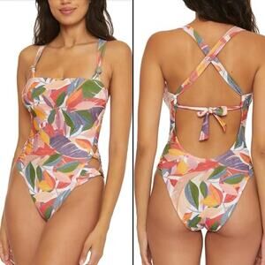 Becca EUC Bora High Leg Side Twist Strappy Back Tropical Print Swimsuit S